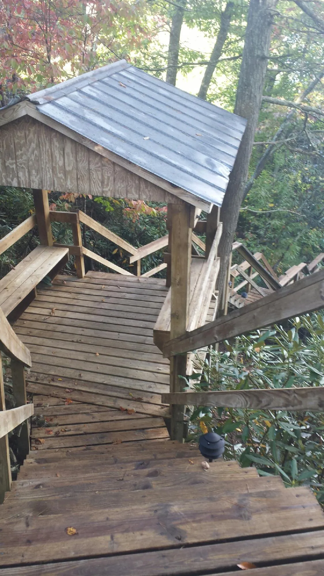 Metal roofed shelter over wooden steps on a wooded walkway — Skylight Repair & Installation work by our crew in Creola